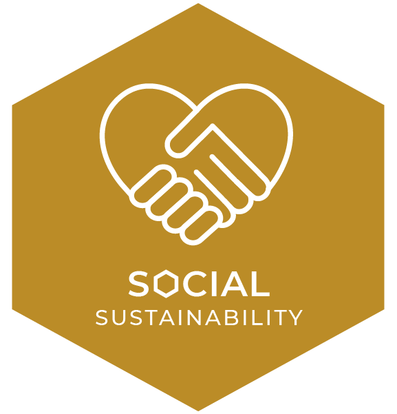 Two hands grasp in a handshake, with the words Social Sustainability underneath